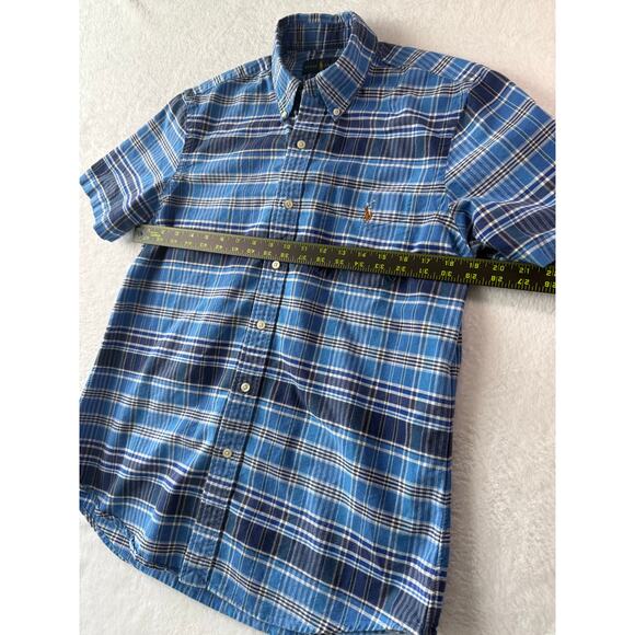 Ralph Lauren Men Short Sleeve Button Down Size Medium Blue Plaid Brown Pony - Picture 6 of 7